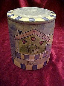 Hand painted treat/cookie jar with birdhouse