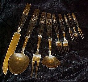 Tailand brass and teakwood serving utensils, flatware