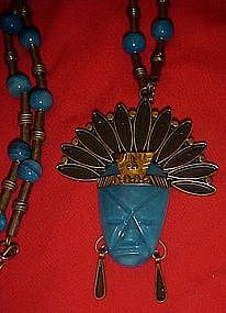 Vintage Mexico warrior head pendant, copper and brass