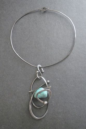 Sterling Hand Made Pendant Turquoise Stone Neck Ring Modernist