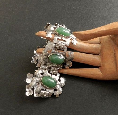 Arts and Crafts Hammered Sterling Bracelet Hand Wrought Green Stones