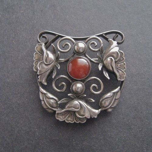 Vintage Arts and Crafts Sterling and Carnelian Brooch Pin Large