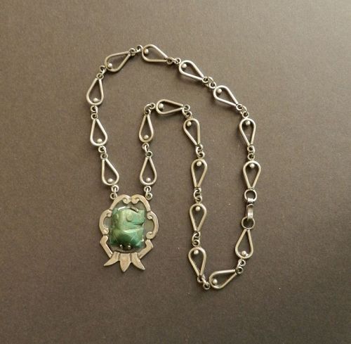 Bernice Goodspeed Taxco Sterling Necklace Carved Green Frog Pendant
