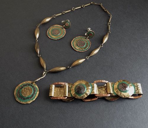 Casa Maya Mexico Copper Brass Enamel Pendant Bracelet & Earrings