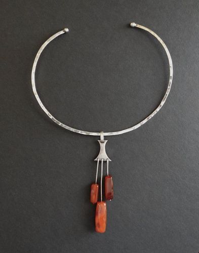 Jane Wiberg Denmark Sterling Amber Pendant & Thick Hammered Necklace