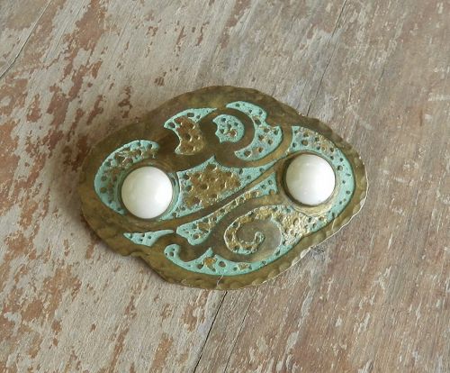 Frost Workshops Arts and Crafts Brooch Acid Etched Brass w/ Two Stones