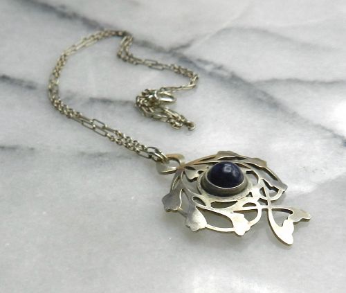 Arts and Crafts Sterling Silver Necklace Dark Blue Cabochon Cut Work