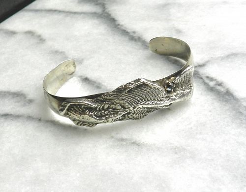 Vintage Modernist Handwrought Sterling Sapphire Bracelet Cuff