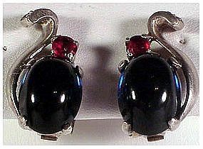 Trifari Sterling jelly belly cobalt & ruby earrings