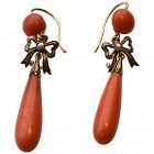 Coral Earrings with Pearls and Enamel Bow