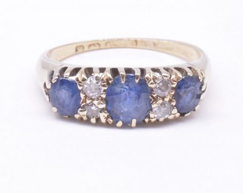 Victorian Three Stone Sapphire Ring with 4 Diamonds, HM, 1906