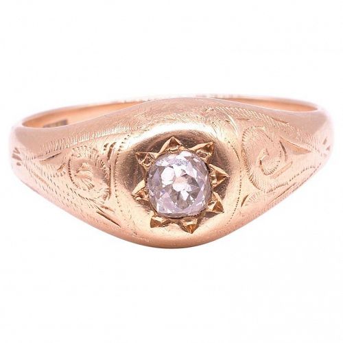 C.1890 18K Gold Single Stone Diamond Gypsy Ring with Incised Shoulders