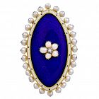 Antique Royal Blue Enamel and Pearl Ring