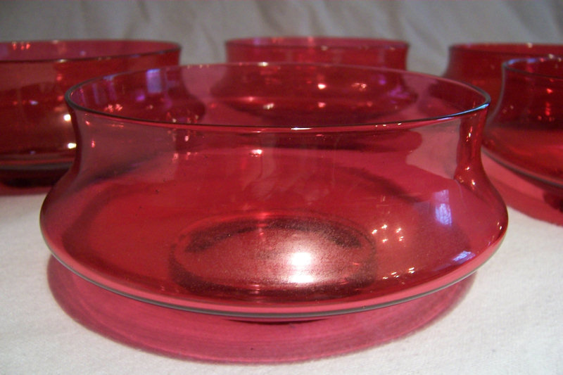 Set Five Victorian Waisted Cranberry Glass Fingerbowls