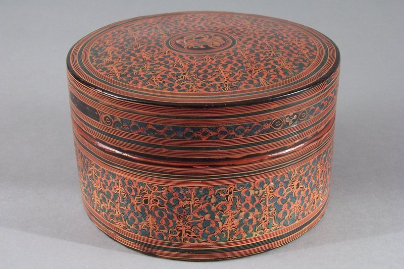 Burmese Red Lacquer Covered Box With Fitted Bowl Insert