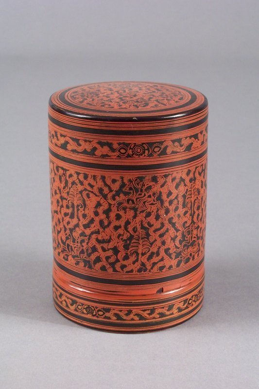 Burmese Red Lacquer Cylindrical Covered Box