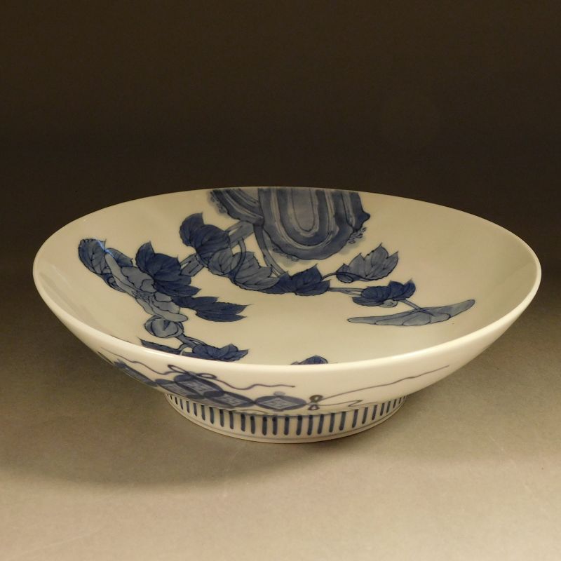 A Japanese, Meiji era Blue and White Nabeshima Porcelain Peonies Dish