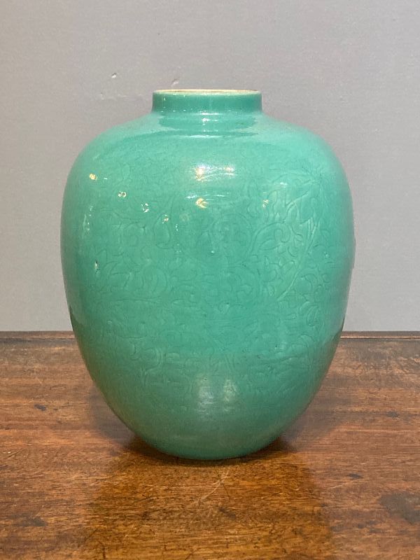 Chinese, Light Turquoise Glazed Anhua Porcelain Jar, Kangxi Mark