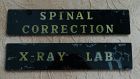 Scarce 1940s Painted Glass Hospital XRAY LAB + SPINAL CORRECTION Signs