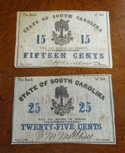 1863 US CIVIL WAR Currency State Bank of SOUTH CAROLINA 15 + 25 CENT