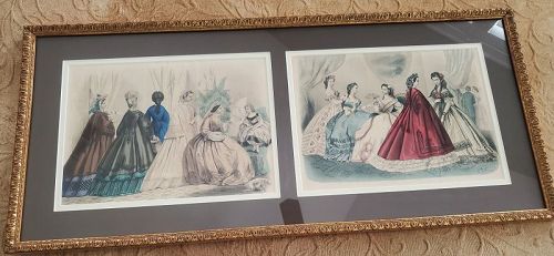 2 Antique Framed Women's 1863 Fashion Prints from Godey's Lady's Book