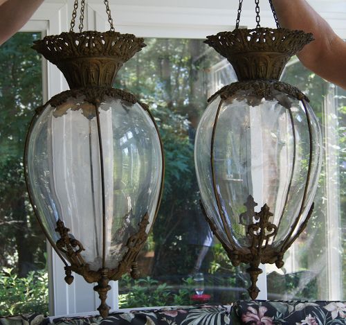 Fab PAIR 19thC Whital Tatum Fancy Hanging Apothecary Show Globes