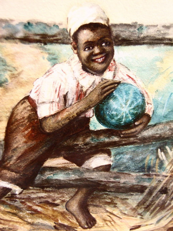 C1910 Sweet Watercolor Black Boy Holding Watermelon