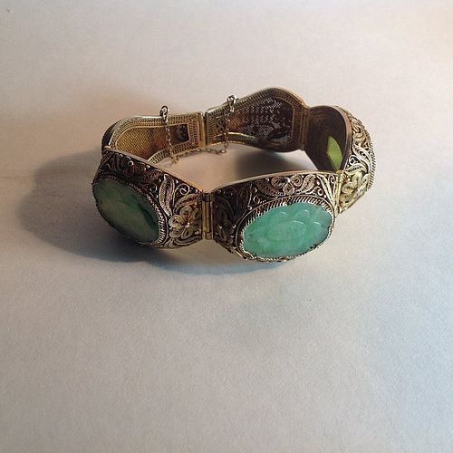 Beautiful Vintage Chinese Silver Gold Washed With Jadeite Bracelet MK