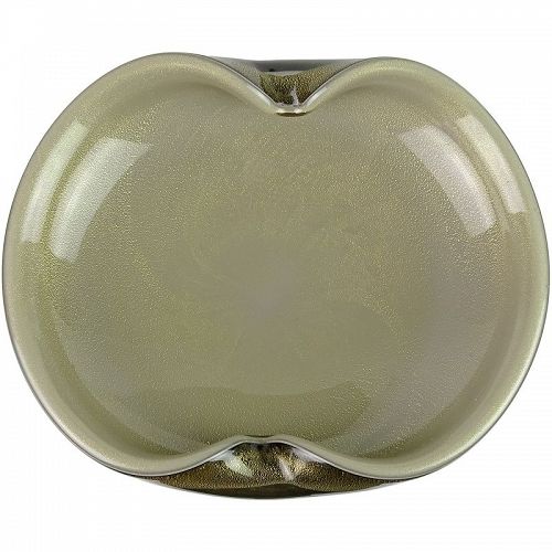 Barbini Murano Vintage Black Gray Gold Flecks Italian Art Glass Bowl