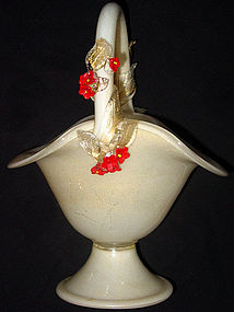 Murano BARBINI Gold Flecks RED FLOWERS Basket Vase