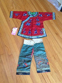 Chinese child red silk embroidered robe and pants