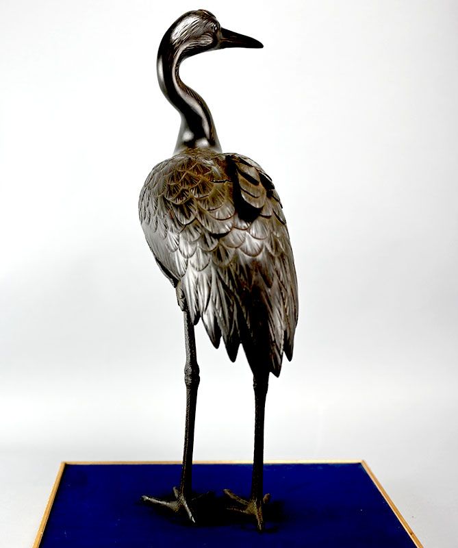 Exquisite Antique Japanese Standing Bronze Crane Okimono
