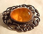 Art Nouveau Period Russian Amber Pin in Sterling Silver