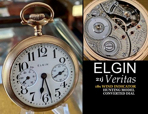 ELGIN 21j VERITAS 18s WIND INDICATOR Hunting Model Converted Dial 1903