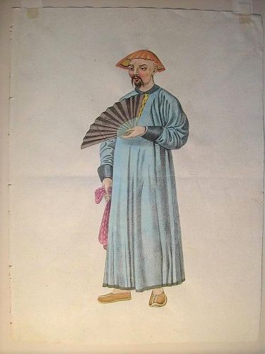 Hand-painted watercolor, Chinese man with fan, England or France