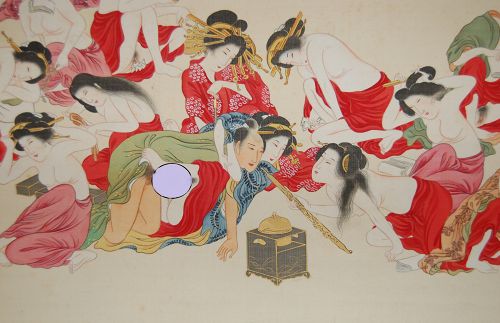 Hanging scroll, shunga, man with pipe surrounded by many women, Japan