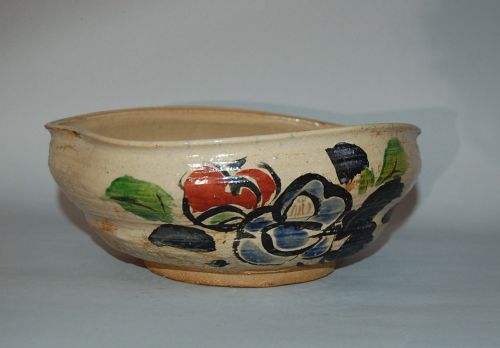 Large peach shaped bowl, camellias, stoneware, Kenzan-style, Japan