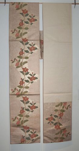 Fukuro obi, clematis & stylized flowers, gold and silk, vintage, Japan
