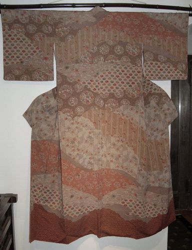 Chirimen silk kimono, bingata flower design, waves, vintage, Japan