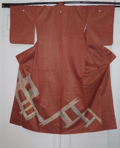 Silk homongi formal kimono, gold dots, waves, shippo, vintage, Japan