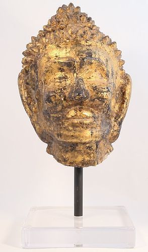 Thailand Mon Period Lacquered and gilded Stucco Buddhist Head v3