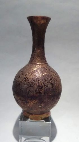 Tang Dynasty Style hand tooled metal vase with Phoenix and florals