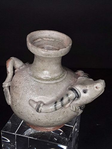 Early Thai or Cambodian 14-16th c Ox Face Celadon glazed Lime pot