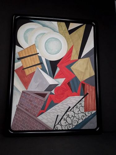 Alexander Gassel Deco Cubist "Red woman of Roof Top" tempera on canvas