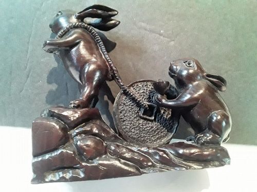 Vintage Chinese Lucky Rabbit Exotic wood Sculpture