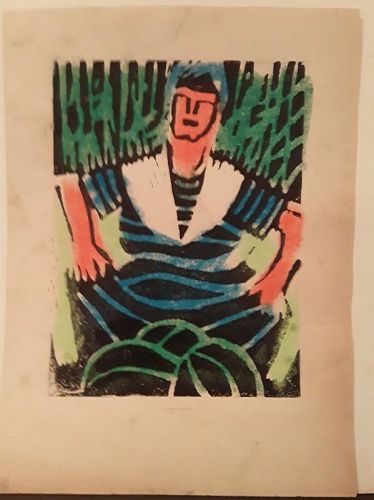 American c1940s Colored Woodcut of a sailor unsigned