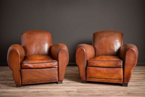 Chatou Rollback Pair of Leather French Club Chairs