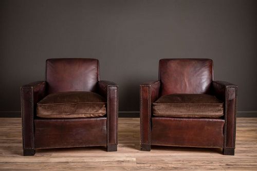 St Tropez Dark Lounge Square Pair of Leather French Club Chairs