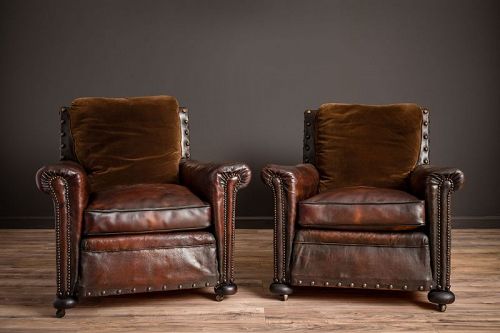 Ile de St Louis Nailed Square Pair of Leather French Club Chairs