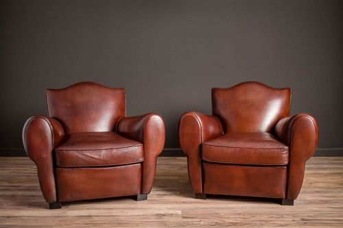 Sweet Petite Burgundy Mustache Pair of Leather French Club Chairs
